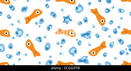 Motivo di pesce arancione senza cuciture. Cartoni animati arancioni con bollicine e stelle marine in stile piatto. Motivo di animali marini senza cuciture su sfondo bianco. Illustrazione Vettoriale