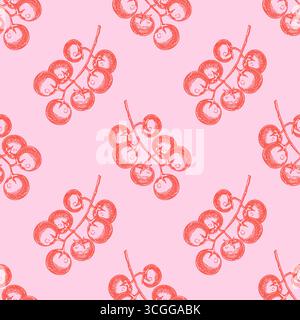 Motivo di pomodoro senza cuciture nei colori rosa e rosso alla moda. Illustrazione di verdure disegnate a mano con disegno vettoriale. Sfondo della confezione dell'etichetta. Carta da imballaggio, fas Illustrazione Vettoriale