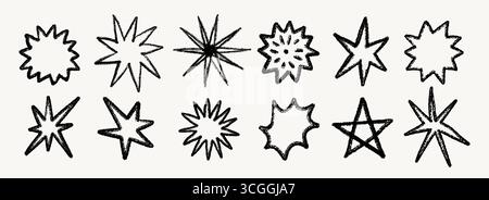 Set di stelle a pastello disegnato a mano con una trama a matita e gesso. Stelle a doodle nere in stile ruvido con forme e linee diverse. Perfetto per Illustrazione Vettoriale