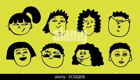 Emoji di gesso con giocose espressioni cartoni animati in stile pastello disegnato a mano su sfondo giallo. Affronta il doodle con sorrisi semplici e unici Illustrazione Vettoriale