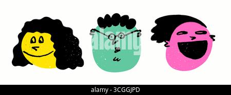 Set di doodle per il viso di un pastello emoji con tre teste di cartoni animati in texture di gesso. Affronta le icone emoji con sorrisi divertenti. Ottimo per adesivi, arte per bambini, social media Illustrazione Vettoriale