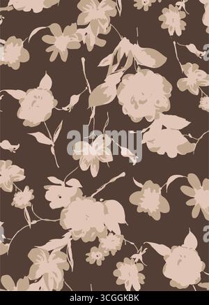 motivo senza cuciture di fiori e fogliame in stile acquerello. I fiori sono di varie tonalità di rosa e pesca, con una tavolozza di colori delicati e leggermente sfumati. Illustrazione Vettoriale