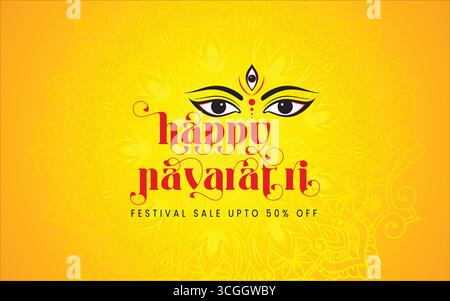 navaratri o happy durga puja festival saldi cartellone banner o poster di offerte festive, fino al 50% di sconto sul poster, completamente modificabile Illustrazione Vettoriale