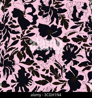 Il motivo floreale senza cuciture presenta grandi fiori di magnolia bianchi e rosa stilizzati con un aspetto traslucido o spettrale su una solida terracotta Illustrazione Vettoriale