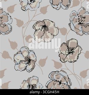 Il motivo floreale senza cuciture presenta grandi fiori di magnolia bianchi e rosa stilizzati con un aspetto traslucido o spettrale su una solida terracotta Illustrazione Vettoriale