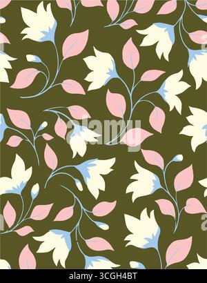 Il motivo floreale senza cuciture presenta grandi fiori di magnolia bianchi e rosa stilizzati con un aspetto traslucido o spettrale su una solida terracotta Illustrazione Vettoriale