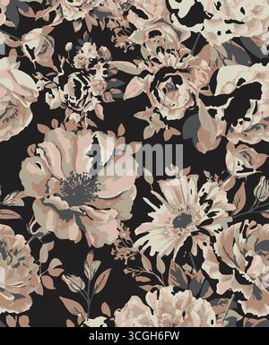 Il motivo floreale senza cuciture presenta grandi fiori di magnolia bianchi e rosa stilizzati con un aspetto traslucido o spettrale su una solida terracotta Illustrazione Vettoriale
