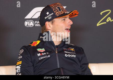 Paesi Bassi, 28 agosto 2025. Formula 1 Heineken Gran Premio d'Olanda 2025 sul circuito Zandvoort di Zandvoort, Paesi Bassi. Nella foto: Max Verstappen dei Paesi Bassi e Oracle Red Bull Racing durante la conferenza stampa in vista del Gran Premio d'Olanda di Formula 1 Heineken sul circuito Zandvoort di Zandvoort, Paesi Bassi, il 28 agosto 2025 Foto Stock