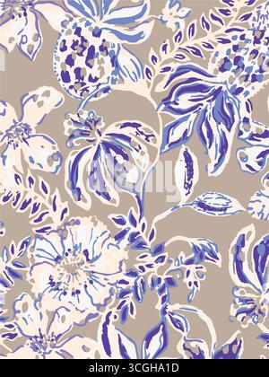 Il motivo floreale senza cuciture presenta grandi fiori di magnolia bianchi e rosa stilizzati con un aspetto traslucido o spettrale su una solida terracotta Illustrazione Vettoriale