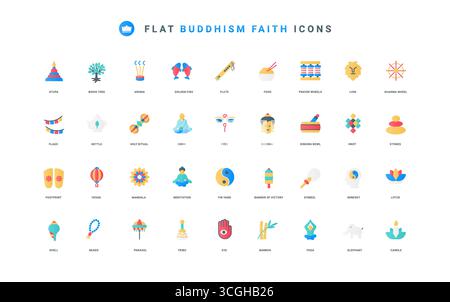 Tempio buddista con stupa, incenso e campana simboli sottili illustrazione vettoriale. Buddhismo, cultura tradizionale e tempio per la preghiera al Buddha, cerimonia di culto con icone piatte Illustrazione Vettoriale