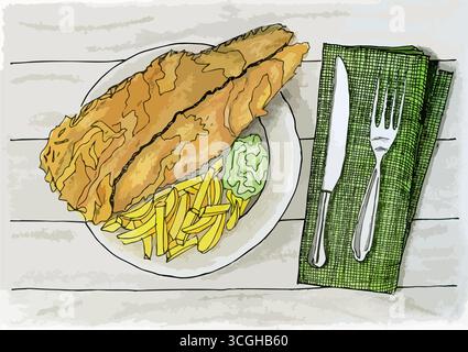 Questo colorato disegno vettoriale presenta un piatto di pesce pastella croccante, patatine fritte dorate e piselli verdi, serviti con coltello d'argento, forchetta e fettuccia Illustrazione Vettoriale