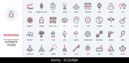 Buddhismo, simboli ed emblemi buddisti, monaco e preghiera, cerimonia in un set di icone sulla linea del tempio. Loto e mandala, pesce e ombrello, ruota del Dharma sottile simboli di contorno neri e rossi illustrazione vettoriale Illustrazione Vettoriale