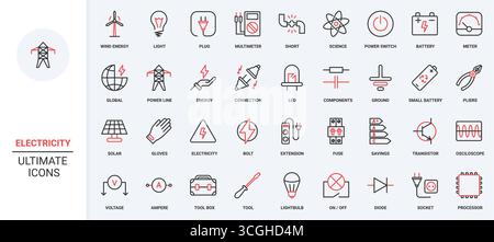 Generatori di energia elettrica e rinnovabili, apparecchiature e strumenti per elettricisti, set di icone per linee elettriche. Classi di efficienza energetica elettrica e misuratore, simboli sottili di contorno neri e rossi illustrazione vettoriale Illustrazione Vettoriale