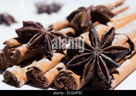Cannella secca e anice stellato ricoperto di zucchero a velo come neve. Foto Stock