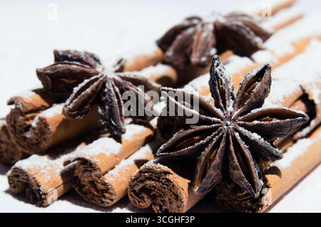 Cannella secca e anice stellato ricoperto di zucchero a velo come neve. Foto Stock