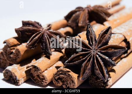 Cannella secca e anice stellato ricoperto di zucchero a velo come neve. Foto Stock