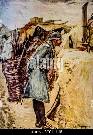 Illustrazione d'archivio da LíIllustration, 1915, di Charles Hoffbauer, che mostra un soldato francese che usa un periscopio di trincea nel settore CarriËre. I periscopi permettevano l'osservazione sicura delle linee nemiche senza esposizione al fuoco dei cecchini. L'immagine cattura l'improvvisazione e le lotte quotidiane della guerra di trincea durante la prima guerra mondiale Foto Stock