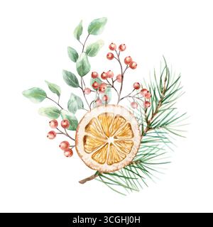 Bouquet di Natale acquerello. Rami di abete, fetta di arancia, bacche rosse e foglie verdi di eucalipto. Illustrazione a pastello disegnata a mano per le carte di Capodanno A. Illustrazione Vettoriale