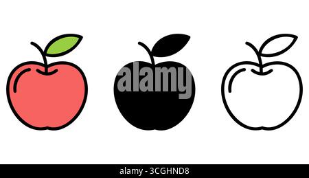 Mele colorate e nere. Icone Apple isolate su sfondo bianco. Illustrazione Vettoriale