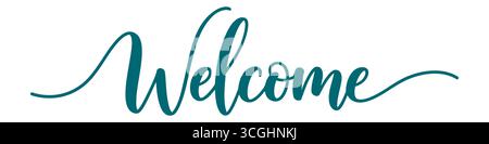 Iscrizione "benvenuto" in caratteri calligrafici di colore turchese. Illustrazione Vettoriale