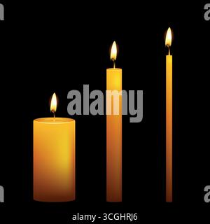 Burning Candles Vector Illustration, Set realistico di candele di cera con fiamma, modello decorativo a lume di candela, icone di candele isolate per Spa Illustrazione Vettoriale