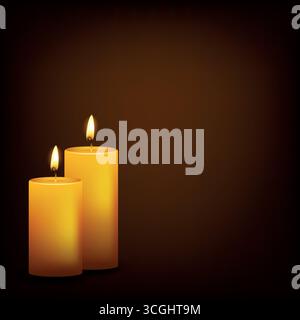 Illustrazione vettoriale a due candele di accensione. Candela realistica a cera con fiamma. Icone decorative della candela. Accogliente candela isolata per spa e relax Illustrazione Vettoriale