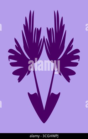 Motivo floreale elegante e pulito con petali viola specchiati su sfondo lavanda. Questo design vettoriale simmetrico utilizza il grassetto argentato Illustrazione Vettoriale