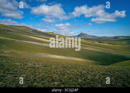 Colline ondulate ricoperte di muschio che si estendono attraverso gli altopiani islandesi sotto un cielo blu vivace con nuvole sparse Foto Stock
