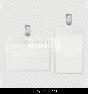 Badge ID vuoti vettoriali con set di supporti per clip. Layout verticale e orizzontale, staff Pass, Visitor Tag, Conference Event Access Card, sicurezza Illustrazione Vettoriale