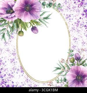 Fiori di anemoni con gemme rosa e ramoscello verde eucalipto cornice ovale oro su sfondo acquerello viola schizzi. Modello di tessera per il matrimonio Foto Stock