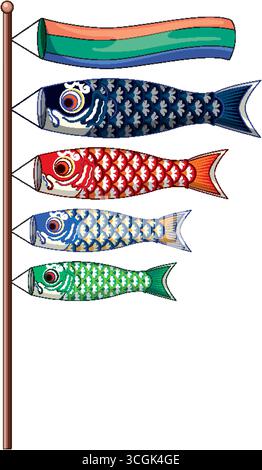 Carpe tradizionali giapponesi dai colori vivaci, stile vettoriale pulito, composizione verticale, sfondo bianco Illustrazione Vettoriale