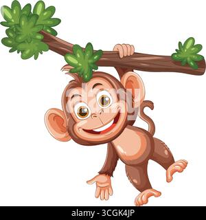 Giocosa scimmia dei cartoni animati con grandi occhi pende dal ramo frondoso dell'albero in vivace stile vettoriale. Illustrazione Vettoriale