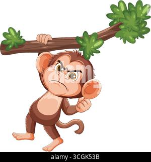 Arrabbiata scimmia dei cartoni animati che afferra il ramo frondoso, contorni audaci, volto espressivo, colori vivaci e piatti. Illustrazione Vettoriale