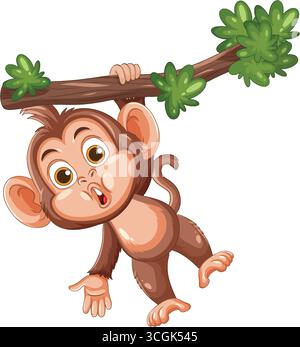 Allegra scimmia dei cartoni animati con occhi ampi appesa al ramo verde, luminoso vettore su sfondo bianco. Illustrazione Vettoriale
