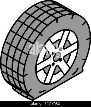 Illustrazione isometrica di uno pneumatico sgonfio, pneumatico forato con battistrada dettagliato, ruota danneggiata mostrata in prospettiva, semplice disegno lineare, nero e bianco Illustrazione Vettoriale
