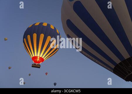 Le mongolfiere blu e gialle si distinguono contro il cielo mattutino, il Parco Nazionale di Goereme, il Parco Nazionale di Goereme Tarihi Milli ParkIJ, la Provincia di Nevsehir, NevSe Foto Stock