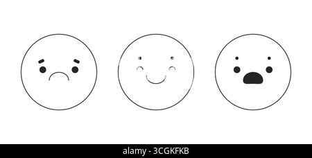 Tre emoticon che mostrano espressioni tristi, felici e sorpresi set di oggetti linea 2D. Illustrazione Vettoriale