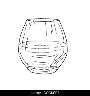 Elegante bicchiere di cognac, schizzo in bianco e nero. Illustrazione vettoriale. Classica bevanda alcolica, isolata su sfondo bianco. Bicchiere di whisky o rum, Illustrazione Vettoriale