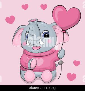 Simpatico elefante cartoni animati con palloncino a cuore rosa. Adorabile illustrazione vettoriale con elefante cartoni animati in un comodo maglione che regge un palloncino rosa. Illustrazione Vettoriale