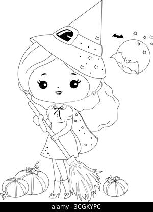 Bellissima strega di Halloween con magiche foglie di zucca spazzate dalla scopa. Festa di Halloween con scherzi o scherzi. Pagina di colorazione vettoriale in bianco e nero. Illustrazione Vettoriale
