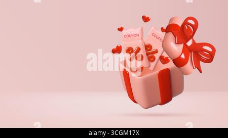 Sfondo degli sconti di San Valentino con buoni 3d all'interno di una confezione regalo con cuori su sfondo rosa Illustrazione Vettoriale