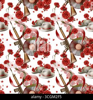 Illustrazione ad acquerello della rivoluzione portoghese dei garofani. Giornata della libertà del Portogallo con fucile d'epoca, fiori rossi, vinile Foto Stock