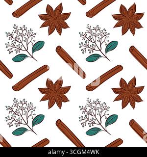 Motivo floreale senza cuciture con bastoncino di cannella piatto, rametto di fiori e anice stellato. Perfetto per confezioni, biancheria da letto e arredi dal design botanico. Illustrazione Vettoriale