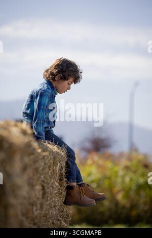 Bambino in camicia blu a quadri seduto su balle di fieno all'aperto Foto Stock