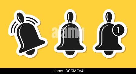 Icona con il campanello di notifica impostata in stile piatto. Illustrazione del vettore del messaggio della posta in arrivo su sfondo isolato. Segnale di campanello in arrivo in ufficio Illustrazione Vettoriale