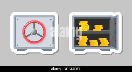 Icona con adesivo di sicurezza per banche metalliche in stile piatto. Illustrazione vettoriale del vault su sfondo isolato. Concetto di business della firma dello storage. Illustrazione Vettoriale