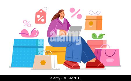 Giovane donna felice che usa un notebook per lo shopping online con sconti. Borse e scatole per la spesa. Concetto di e-commerce Illustrazione Vettoriale