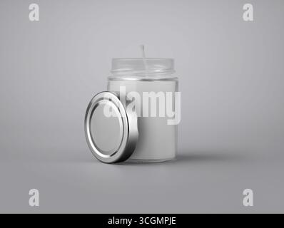 Modello di candela bianca in paraffina in vaso di vetro con tappo in ferro, candela con aroma di soia, con stoppino, isolato sullo sfondo. Fotografia dei prodotti. Mockup del trapianto Foto Stock