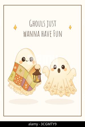 Due adorabili fantasmi, uno con pizzo e l'altro con una trapunta patchwork. Sweet Halloween card con accoglienti colori pastello. Illustrazione Vettoriale