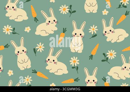 bella pasqua primaverile, motivo senza cuciture con coniglietti, margherite e carote; ideale per confezionare, biglietti d'auguri, grafica dei social media - illustrazione vettoriale Illustrazione Vettoriale